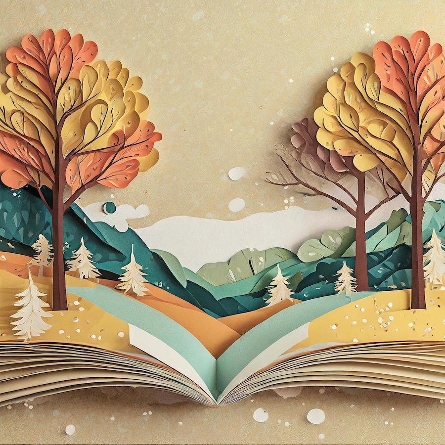 a colourful wintery landscape erupts from the pages of a book