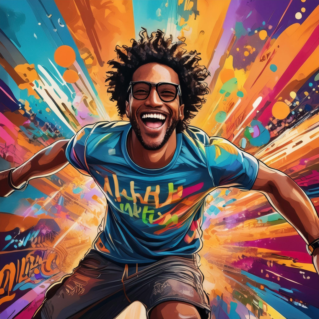 laughing man set on a colourful graphical background