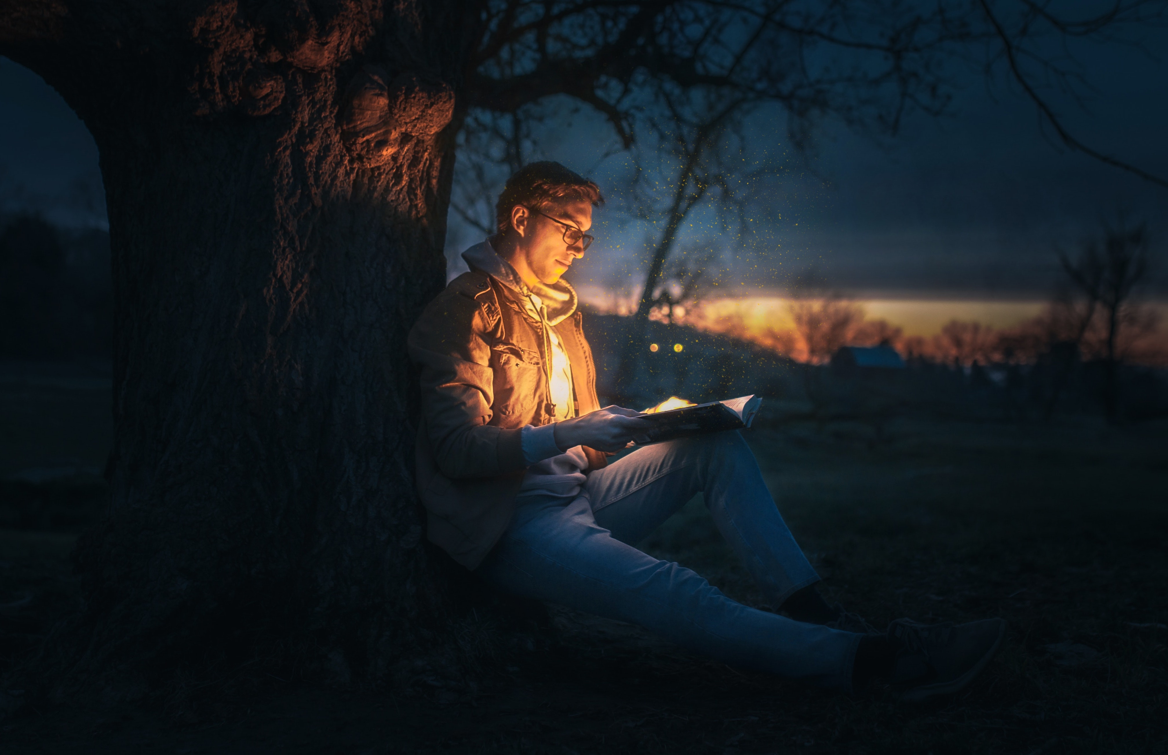 man reading under a tree at dawn by josh hild